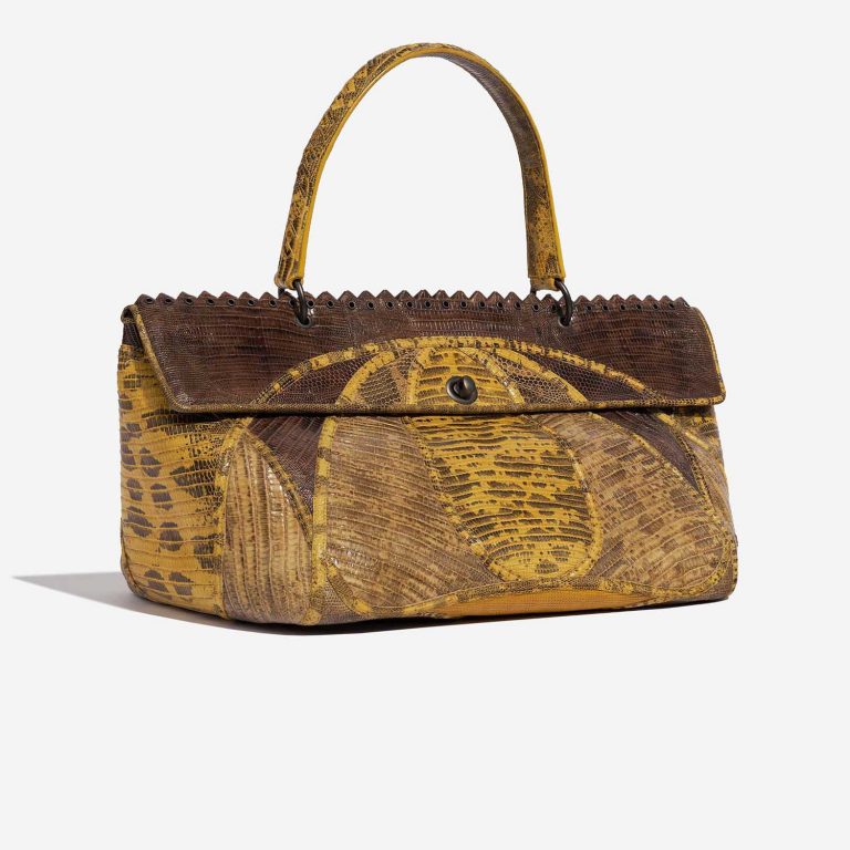 Pre-owned Bottega Veneta bag Lizard Patchwork Prezioso Satchel Lizard / Calf Yellow / Brown Brown, Yellow Side Front | Sell your designer bag on Saclab.com