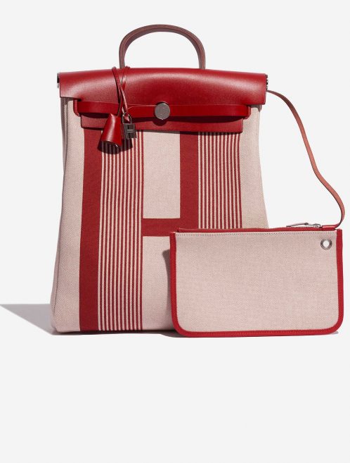 Pre-owned Hermès bag Herbag Backpack Toile / Vache Hunter Bordeaux / Ecru / Beige / Piment Red Front | Sell your designer bag on Saclab.com