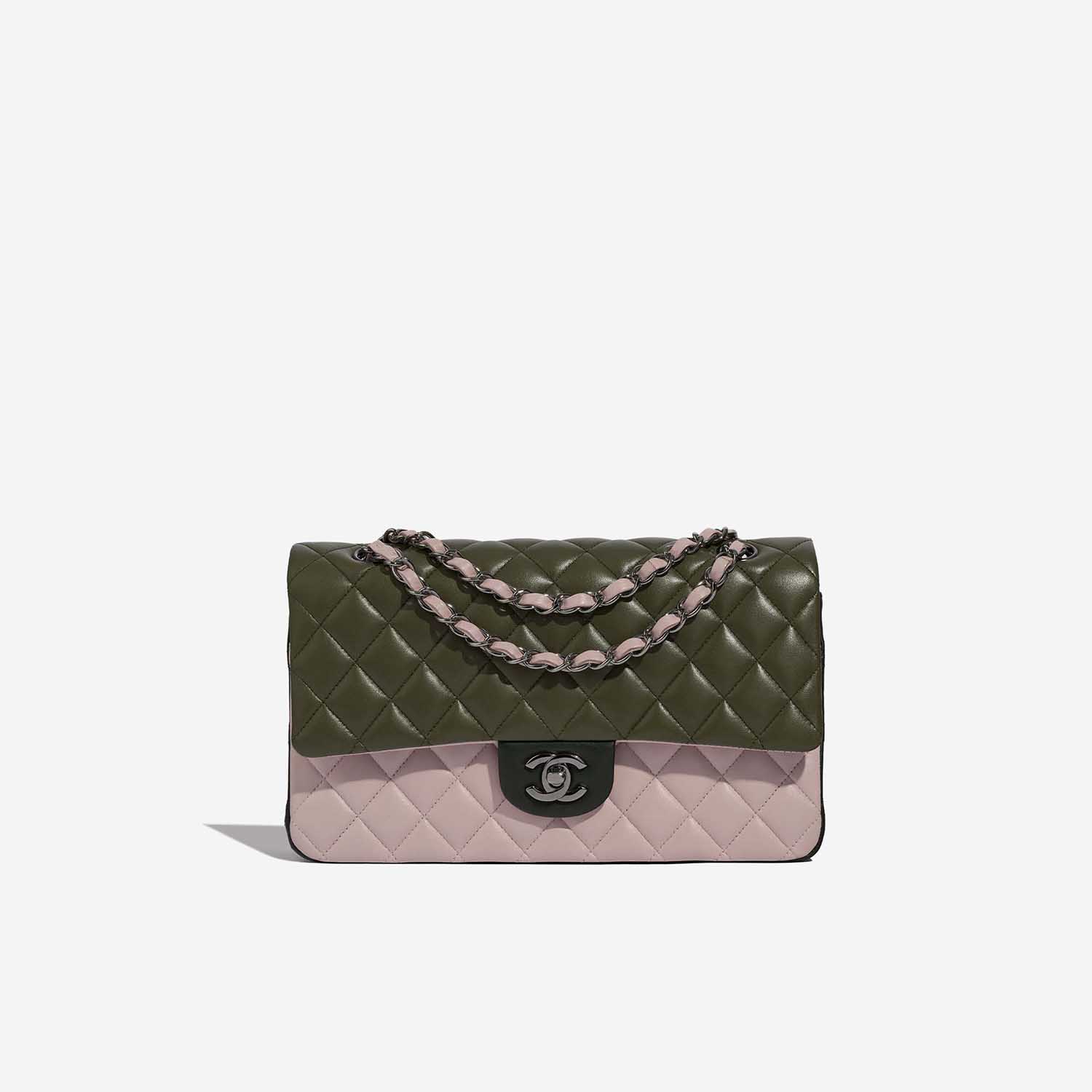 Pre-owned Chanel bag Timeless Medium Lamb Tri-colour Rose / Khaki / Emerald Green, Rose Front | Sell your designer bag on Saclab.com