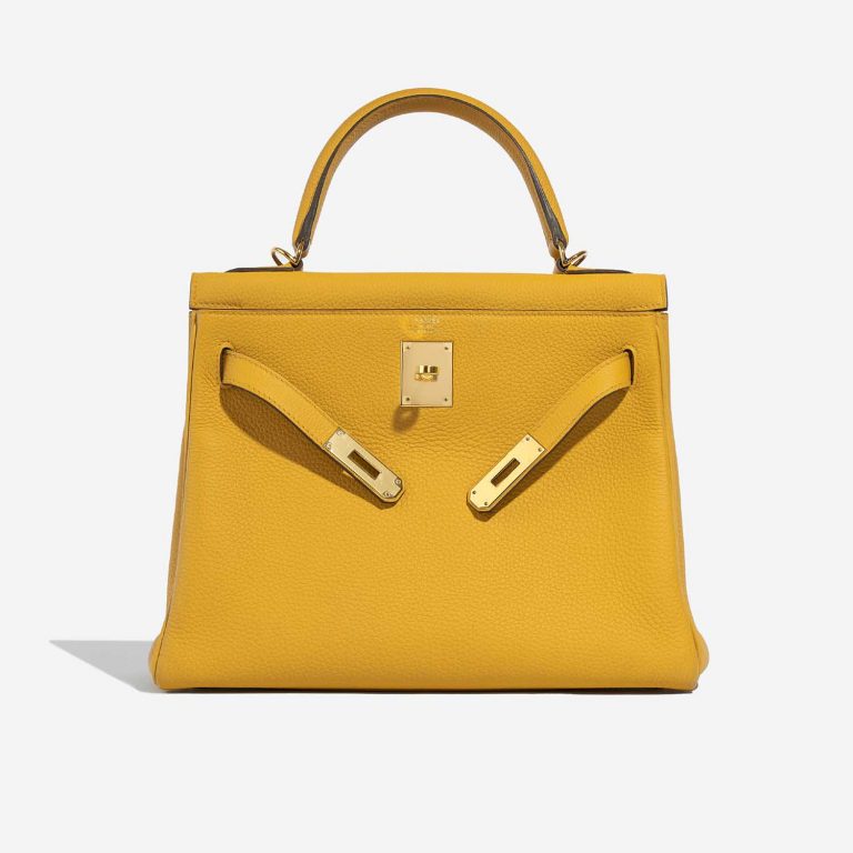 Pre-owned Hermès bag Kelly 28 Togo Jaune Ambre Yellow Front Open | Sell your designer bag on Saclab.com