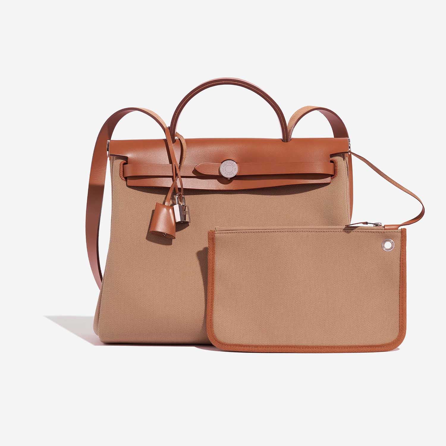 Pre-owned Hermès bag Herbag 31 Vache Hunter / Toile Militaire Fauve / Chai Beige, Brown Front | Sell your designer bag on Saclab.com