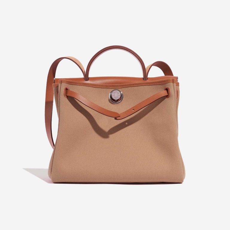 Sac Hermès d'occasion Herbag 31 Vache Hunter / Toile Militaire Fauve / Chai Beige, Brown Front Open | Vendez votre sac de créateur sur Saclab.com