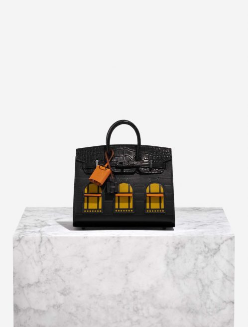 Pre-owned Hermès bag Birkin Faubourg 20 Midnight Matte Alligator / Veau Madame / Chevre Mysore / Veau Monsieur / Black / Jaune Ambre / Orange H Black, Multicolour Front | Sell your designer bag on Saclab.com