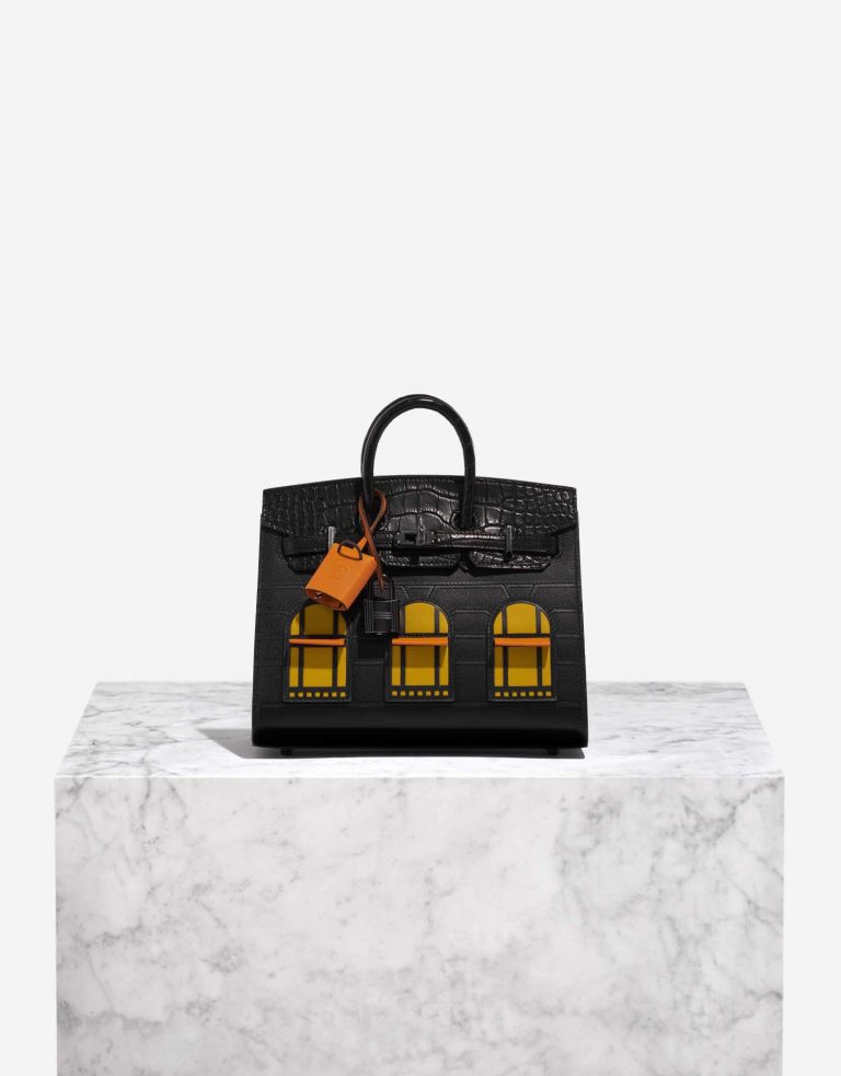 Pre-owned Hermès bag Birkin Faubourg 20 Midnight Matte Alligator / Veau Madame / Chevre Mysore / Veau Monsieur / Black / Jaune Ambre / Orange H Black Front | Sell your designer bag on Saclab.com