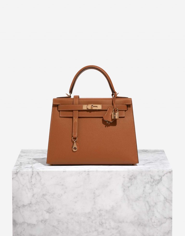Pre-owned Hermès bag Kelly HSS 28 Epsom Gold / Bleu Glacier Brown Front | Sell your designer bag on Saclab.com