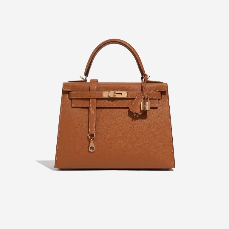 Pre-owned Hermès bag Kelly HSS 28 Epsom Gold / Bleu Glacier Brown Front | Sell your designer bag on Saclab.com