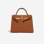 Pre-owned Hermès bag Kelly HSS 28 Epsom Gold / Bleu Glacier Brown Front Open | Sell your designer bag on Saclab.com