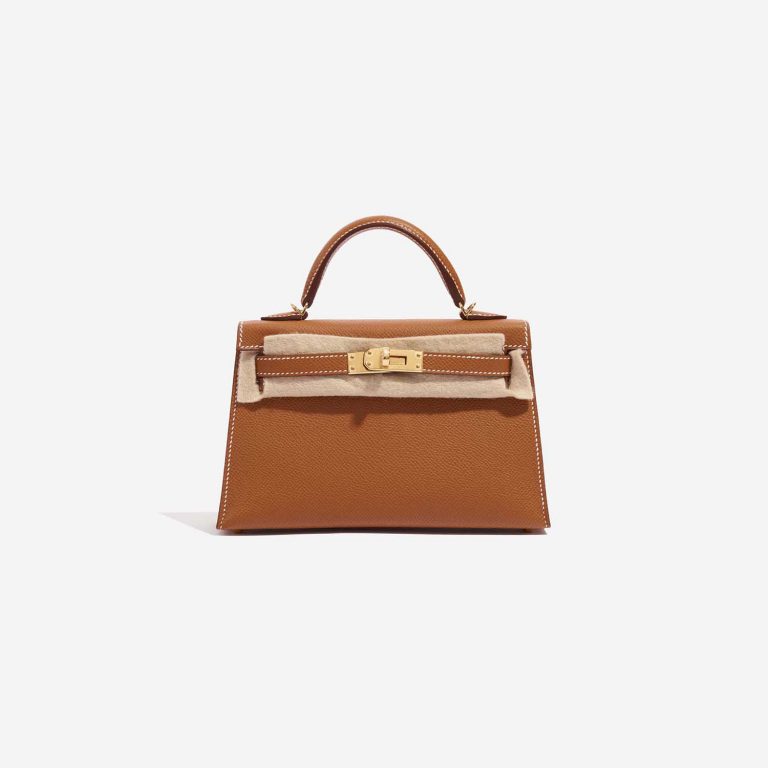 Pre-owned Hermès bag Kelly Mini Epsom Gold Brown Front Velt | Sell your designer bag on Saclab.com