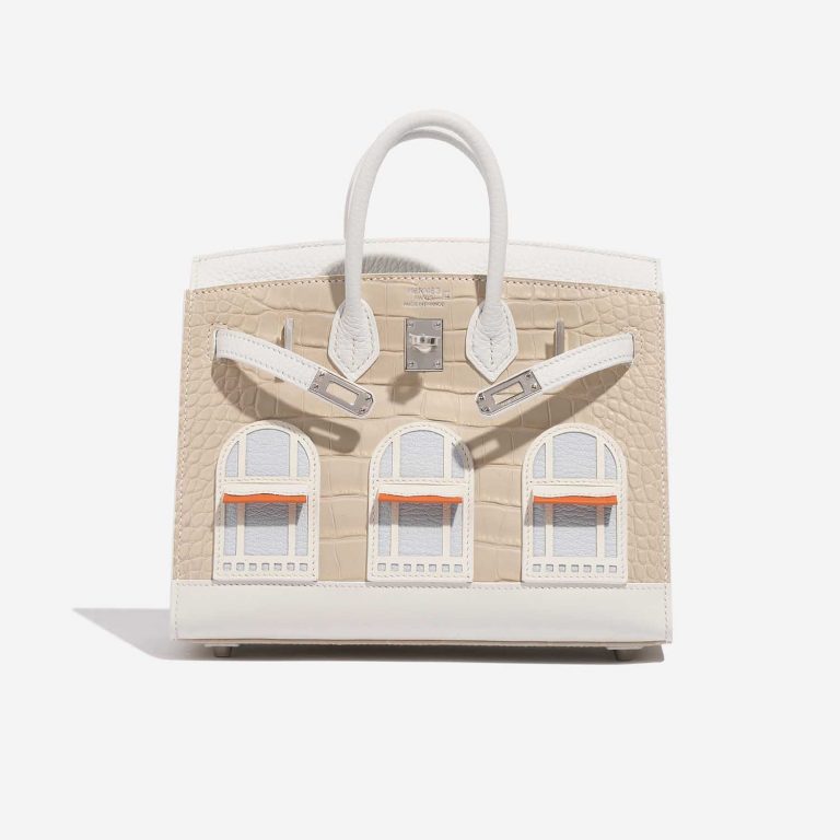 Pre-owned Hermès bag Birkin Faubourg 20 Snow Matte Alligator / Togo / Epsom / Swift White / Beton / Orange H / Blue Brume / Craie Beige, White Front Open | Sell your designer bag on Saclab.com