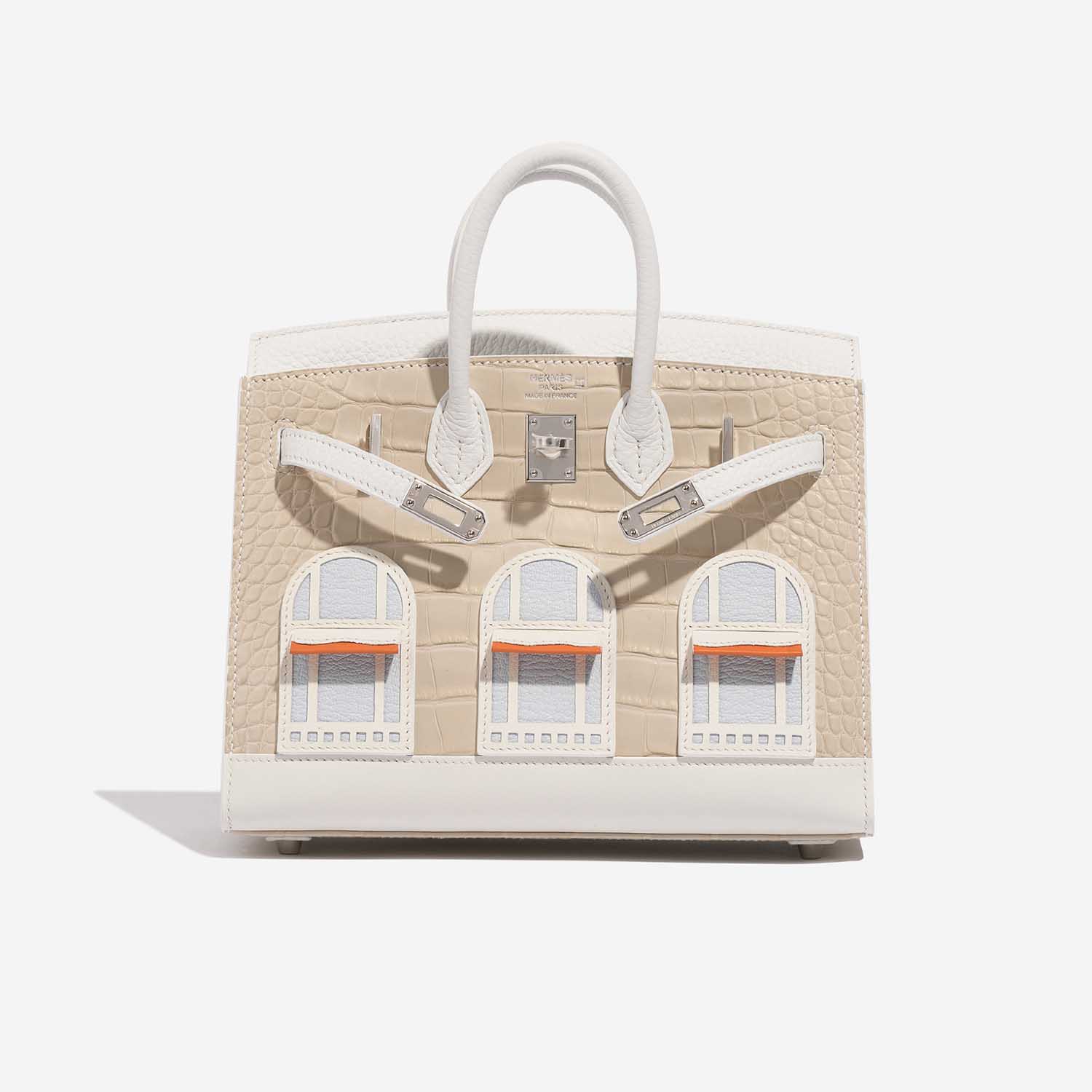 Pre-owned Hermès bag Birkin Faubourg 20 Snow Matte Alligator / Togo / Epsom / Swift White / Beton / Orange H / Blue Brume / Craie Beige, White Front Open | Sell your designer bag on Saclab.com