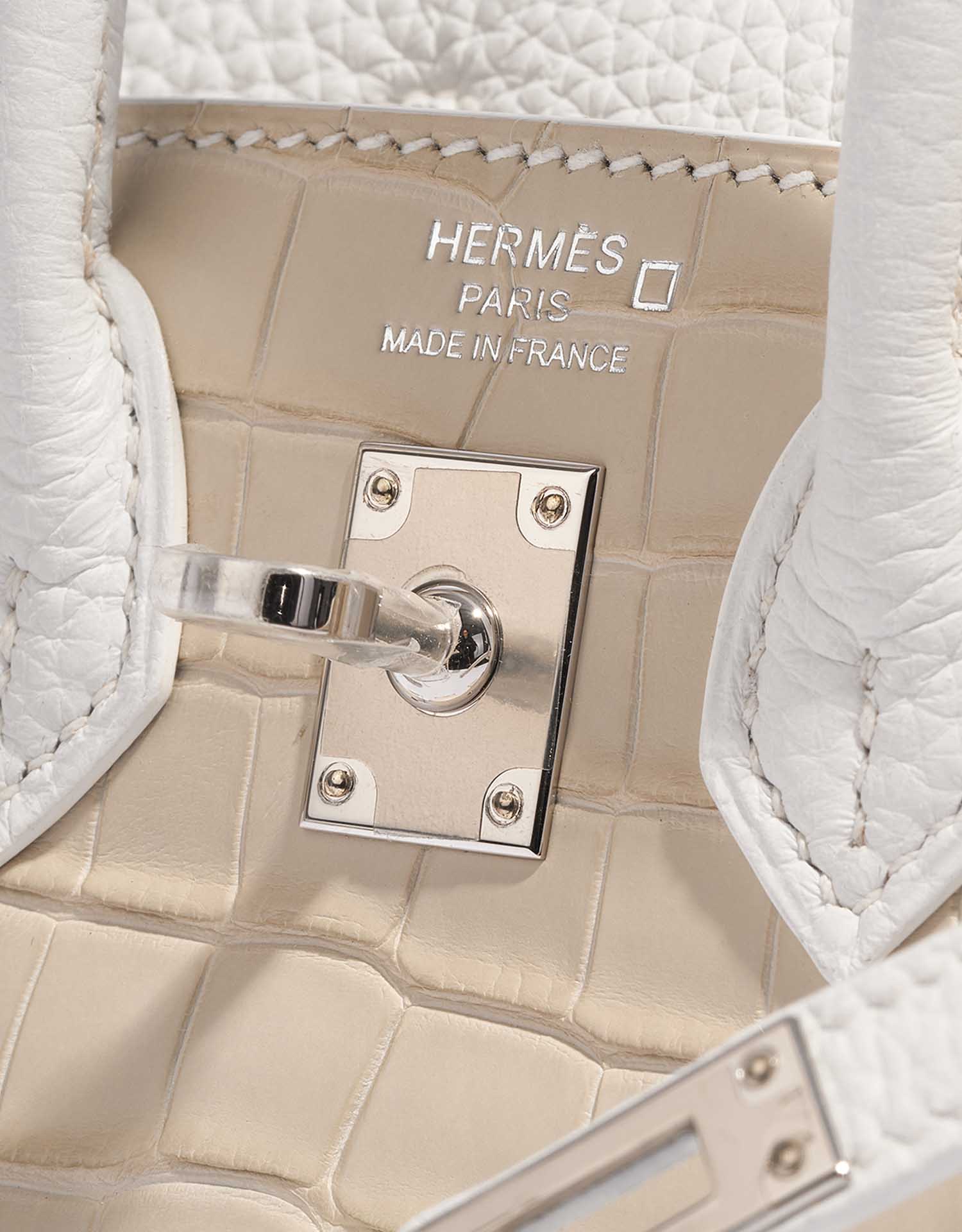 Pre-owned Hermès bag Birkin Faubourg 20 Snow Matte Alligator / Togo / Epsom / Swift White / Beton / Orange H / Blue Brume / Craie Beige, White Logo | Sell your designer bag on Saclab.com