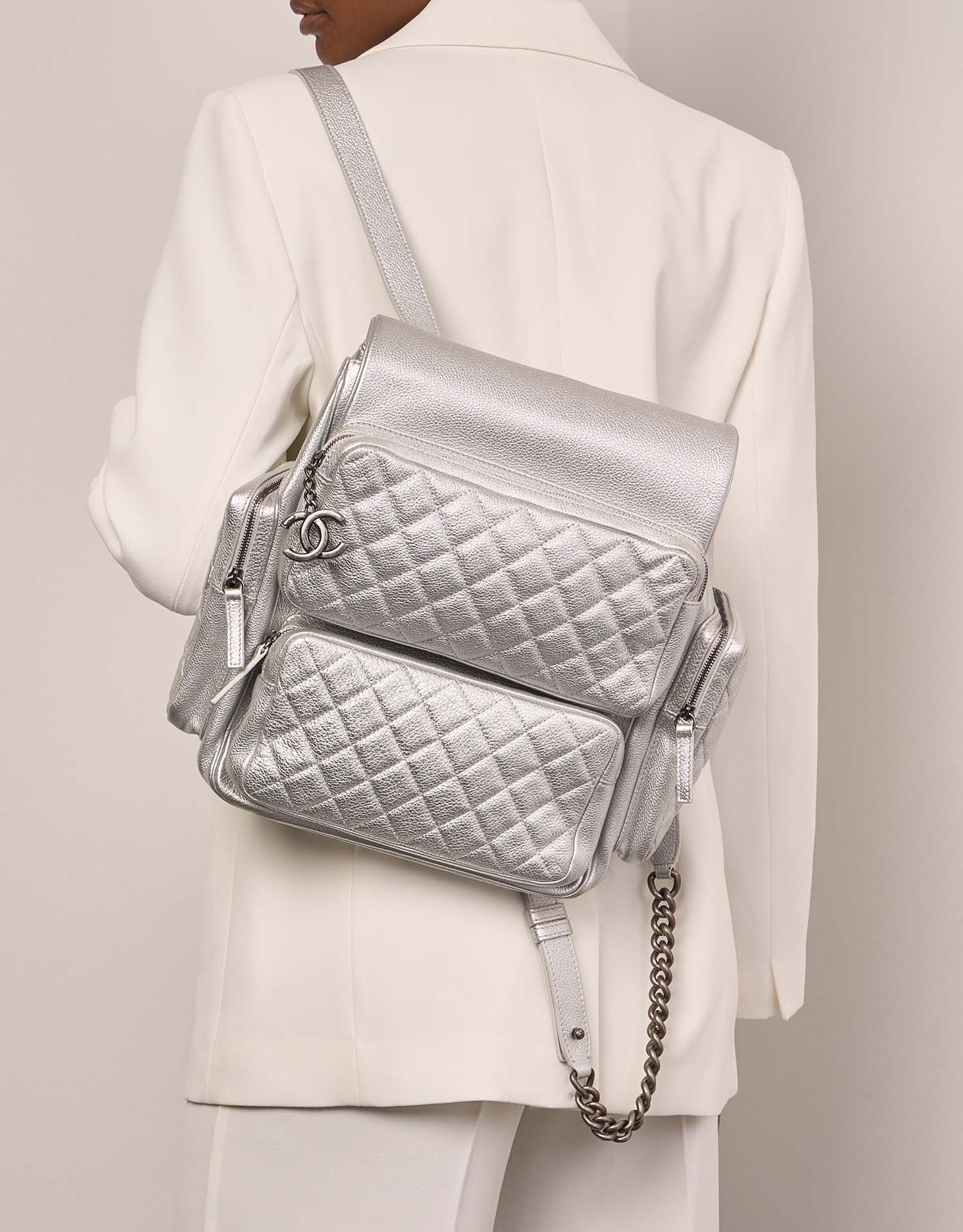 chanel silver backpack