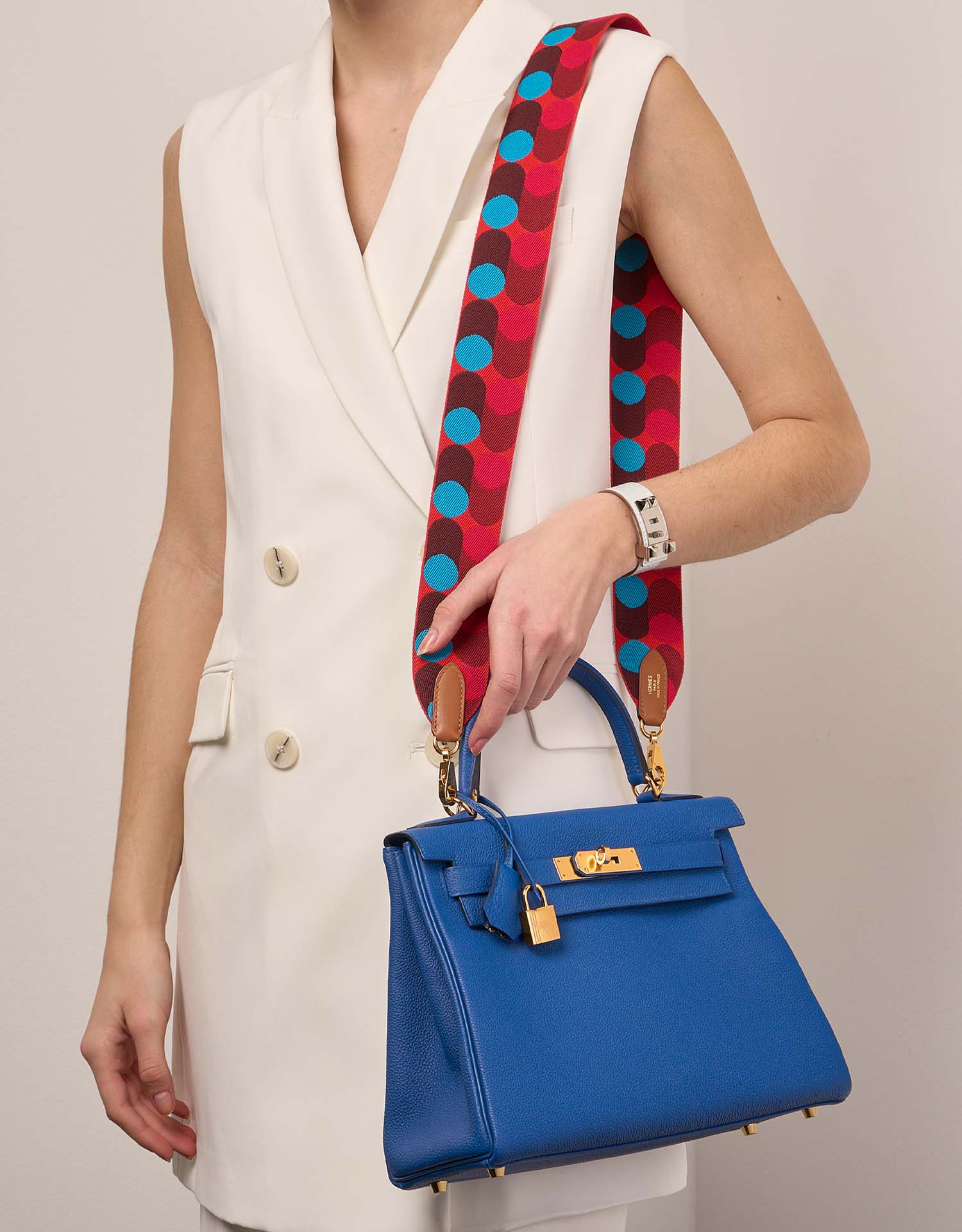 Hermès Shoulder Strap Canvas Rouge de Coeur / Blue Frida / Gold