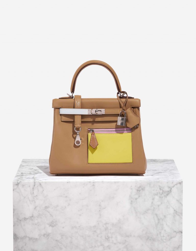 Hermès Kelly 25 Chai-Lime-BlueBrume-Cassis-Nata-MauveSylvestre Front  | Sell your designer bag on Saclab.com