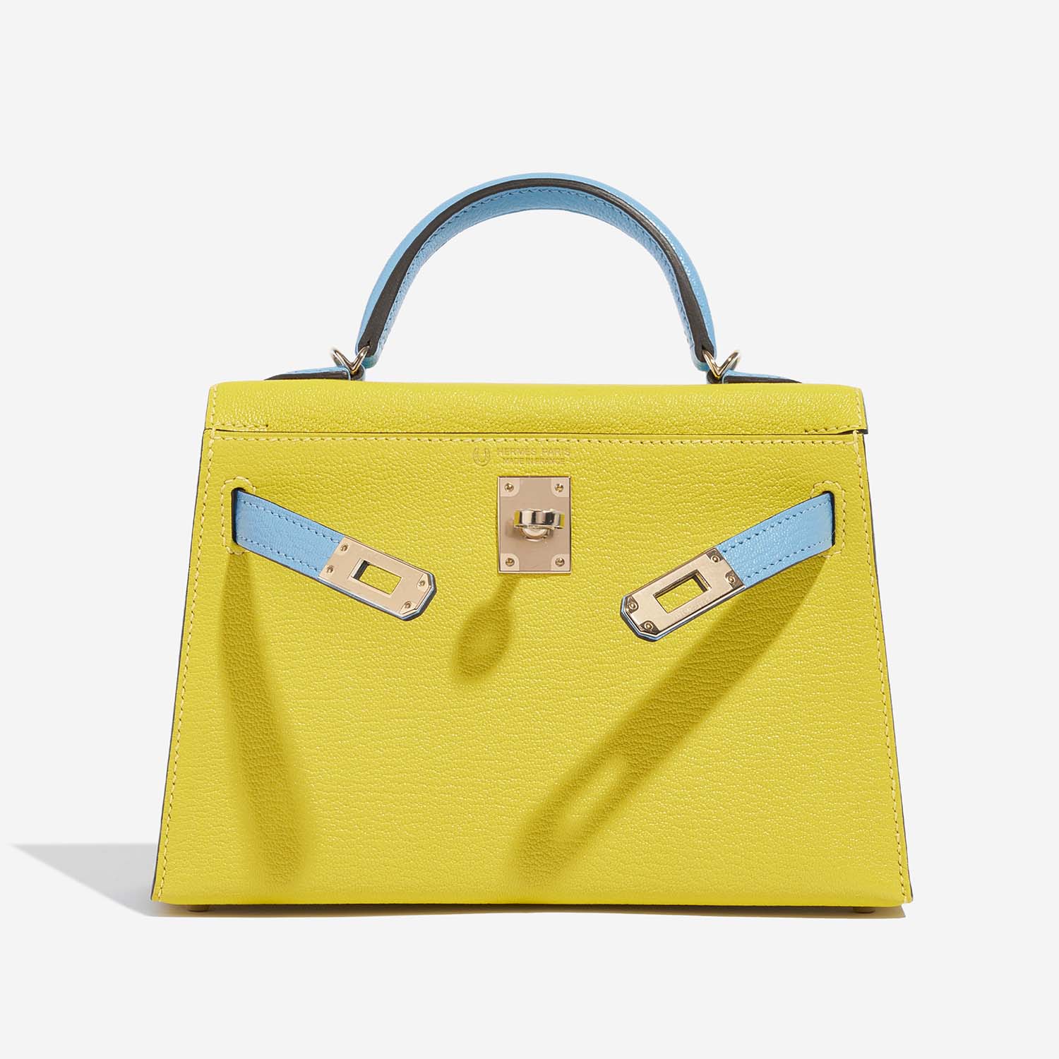 Hermès Kelly Mini Lime-BlueAztec Front Open | Sell your designer bag on Saclab.com