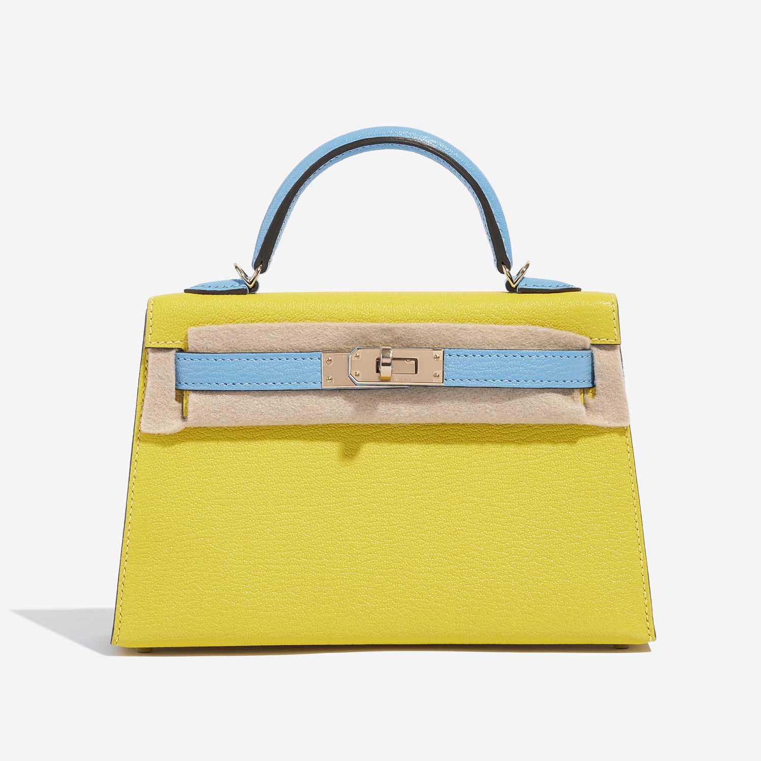 Hermès Kelly Mini Lime-BlueAztec Front Velt | Sell your designer bag on Saclab.com