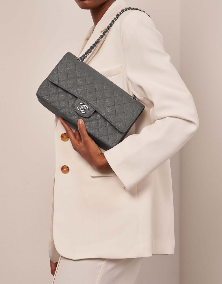 Chanel Timeless Medium Grey-GoldShimmer Front  | Sell your designer bag on Saclab.com