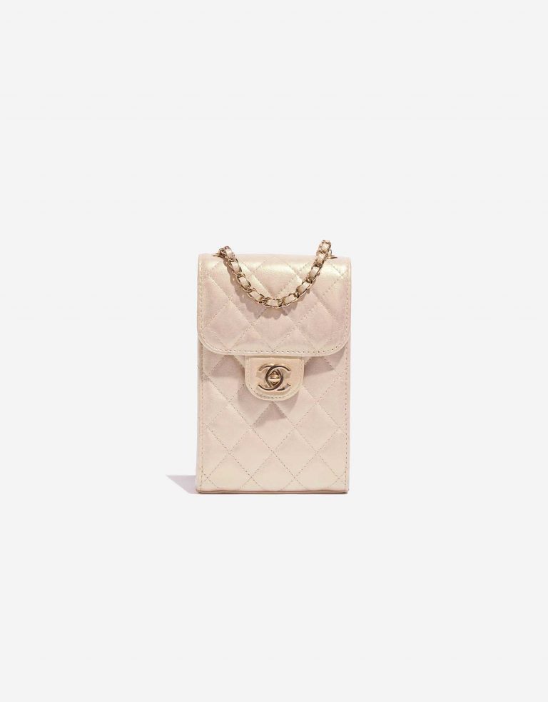 Sac Chanel d'occasion Classique Porte-téléphone agneau perle métallisée blanc blanc devant Vendre votre sac de créateur sur Saclab.com