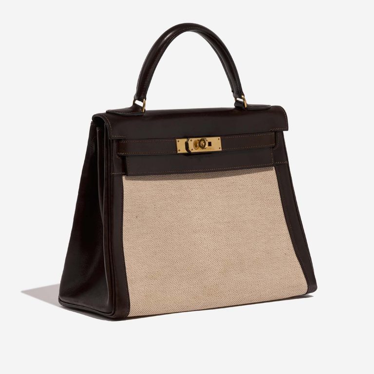 Hermès KellyToile 28 Ecru-Chocolate Side Front  | Sell your designer bag on Saclab.com