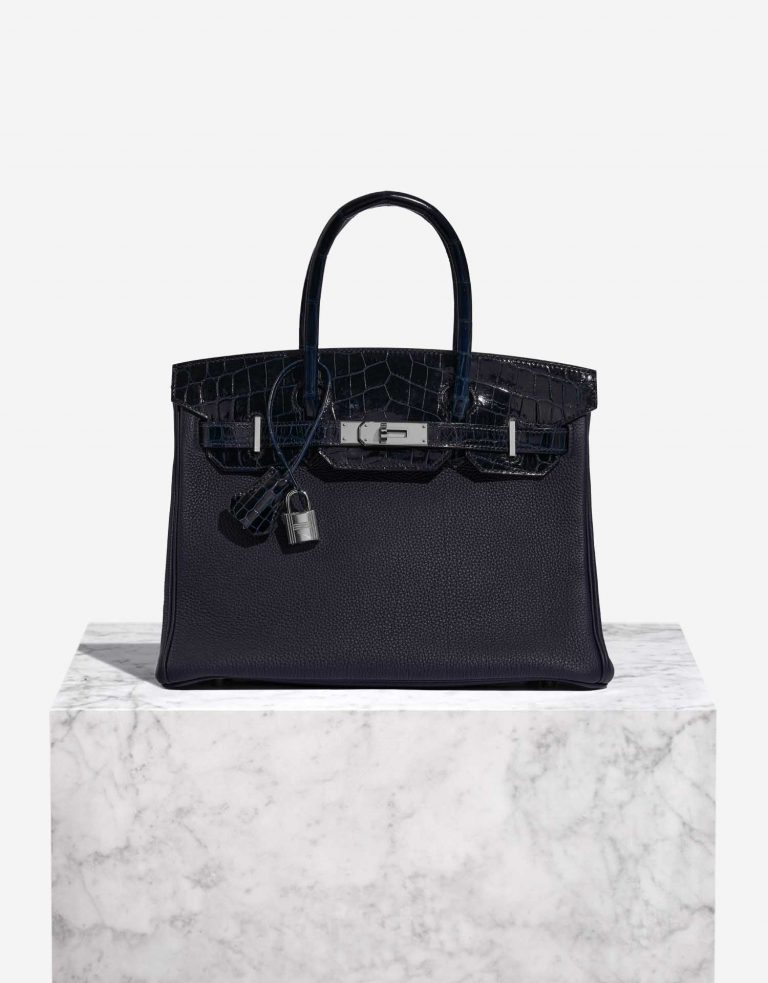 Pre-owned Hermès bag Birkin Touch 30 Togo / Niloticus Crocodile Shiny Blue Nuit / Blue Baltique Blue Front | Sell your designer bag on Saclab.com