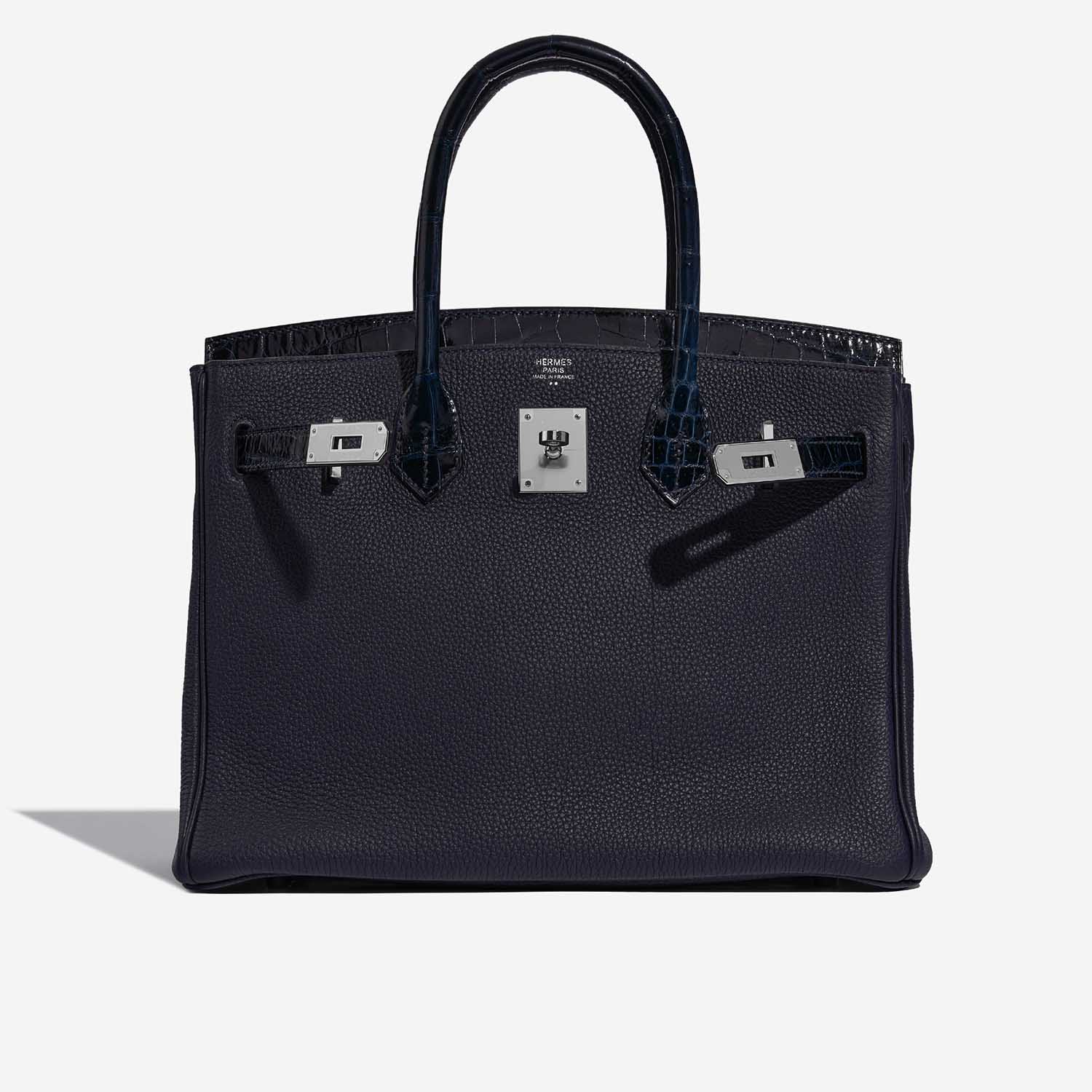 Pre-owned Hermès bag Birkin Touch 30 Togo / Niloticus Crocodile Shiny Blue Nuit / Blue Baltique Blue Front Open | Sell your designer bag on Saclab.com
