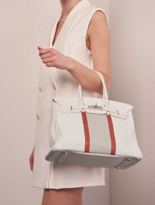 Hermès BirkinClub 35 White-GrisPerle-Sanguine Sizes Worn | Sell your designer bag on Saclab.com