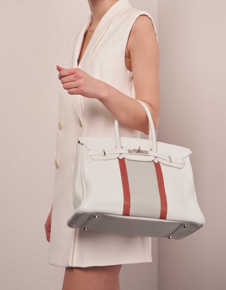 Hermès BirkinClub 35 White-GrisPerle-Sanguine Sizes Worn | Sell your designer bag on Saclab.com