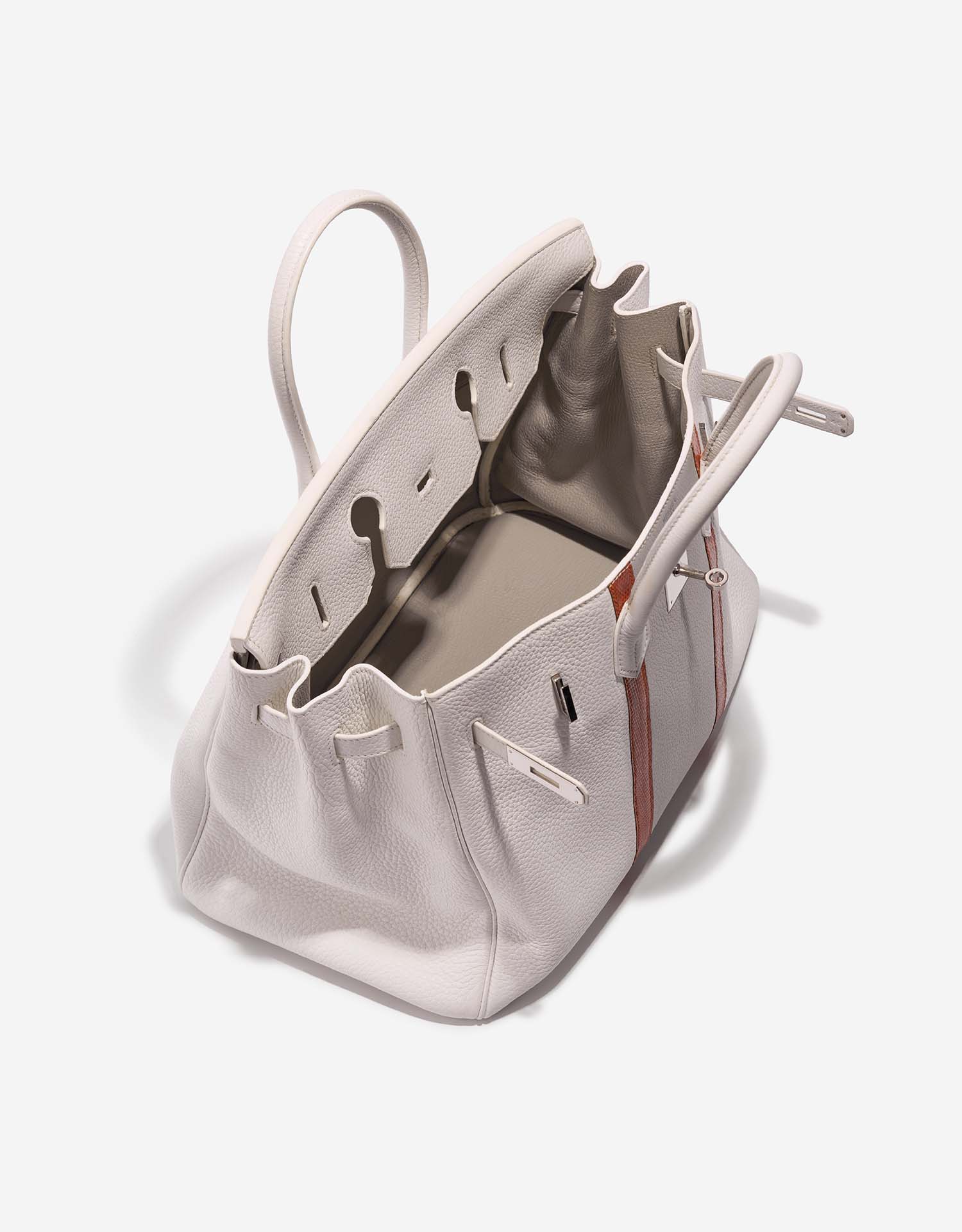 Hermès BirkinClub 35 White-GrisPerle-Sanguine Inside  | Sell your designer bag on Saclab.com