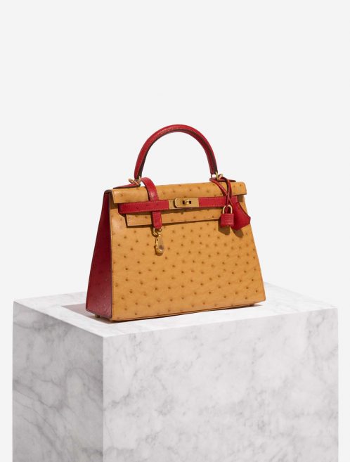 Pre-owned Hermès bag Kelly 28 Ostrich Gold / Rouge Vif Gold, Multicolour, Red | Sell your designer bag on Saclab.com