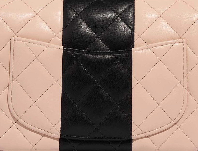 Chanel Timeless MiniSquare LightRose-Black Sizes Worn. Zoomed in on Mona Lisa Back Pocket