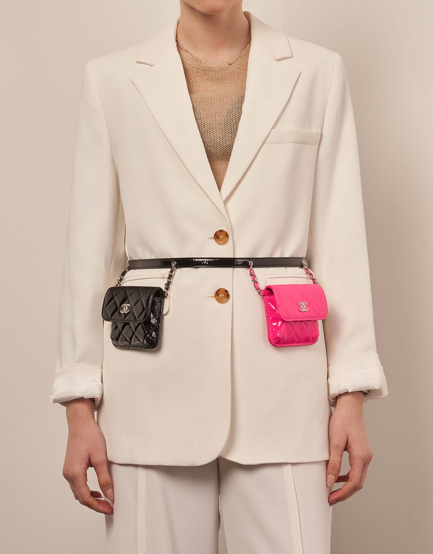 Chanel Double Waist Bag Patent Pink / Black | Saclàb