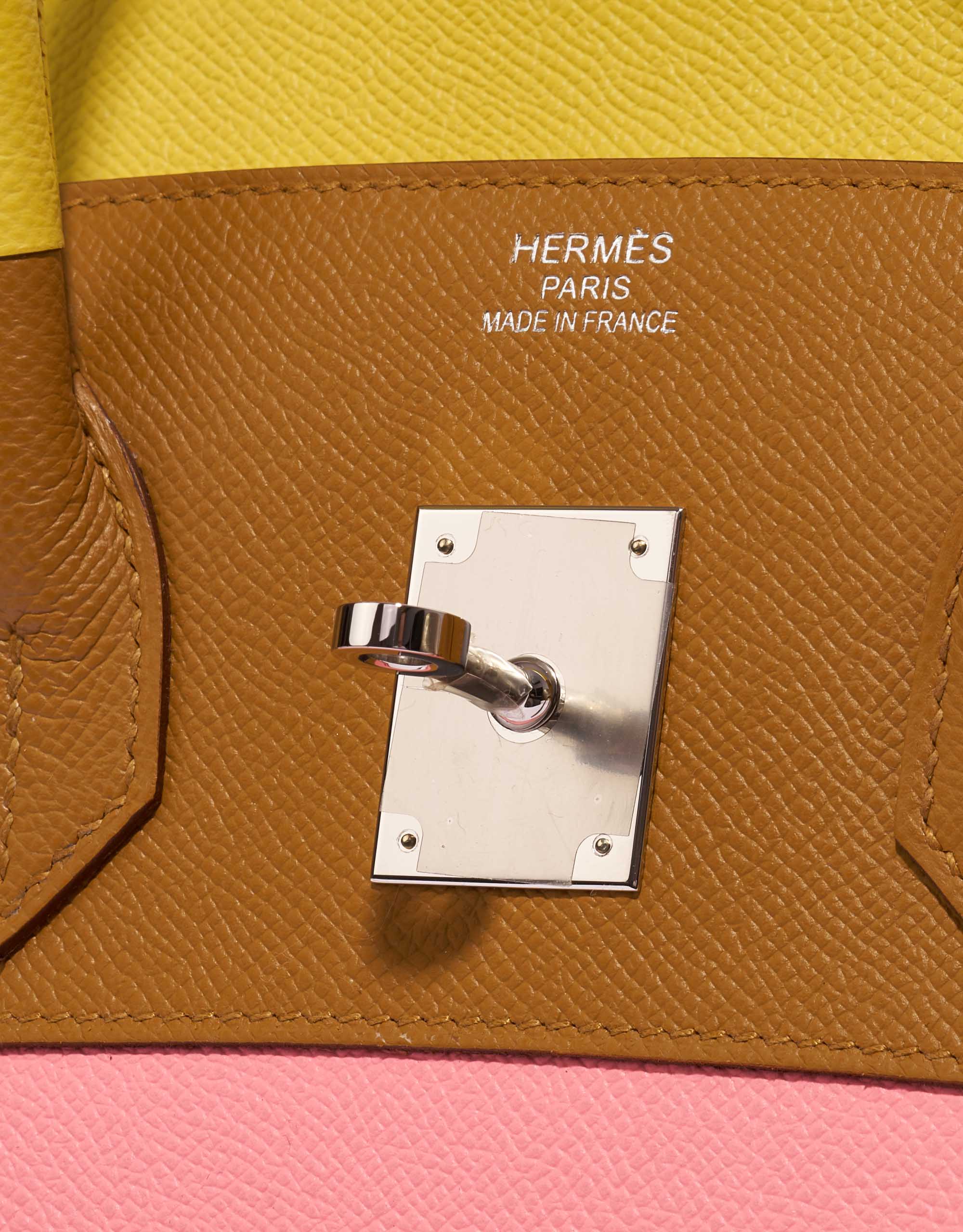 Hermès Birkin 35 Lime-RoseConfetti-Sesame-TerreBattue Logo  | Sell your designer bag on Saclab.com