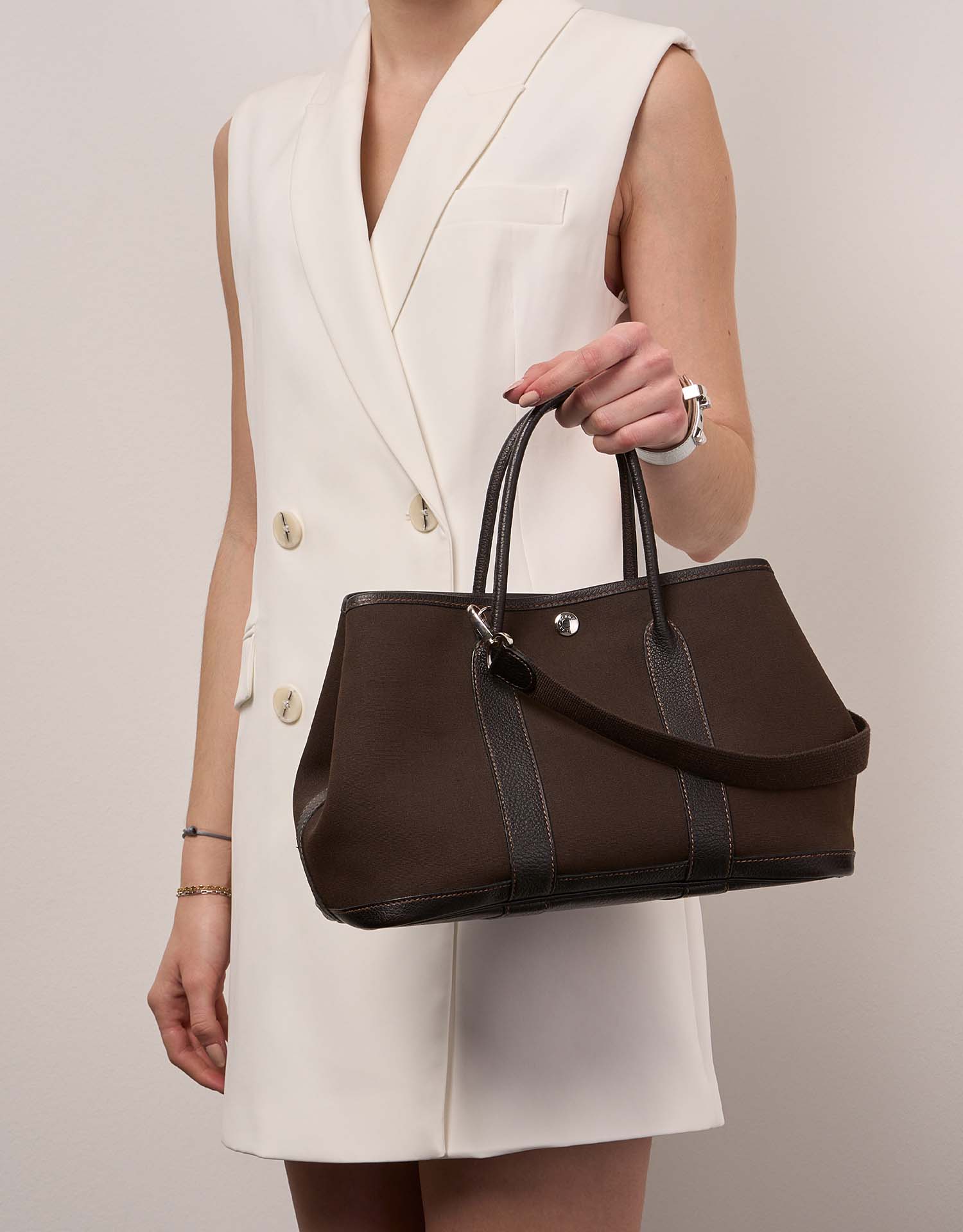 Hermes Garden Party 30, Canvas with Brown Leather and Strap