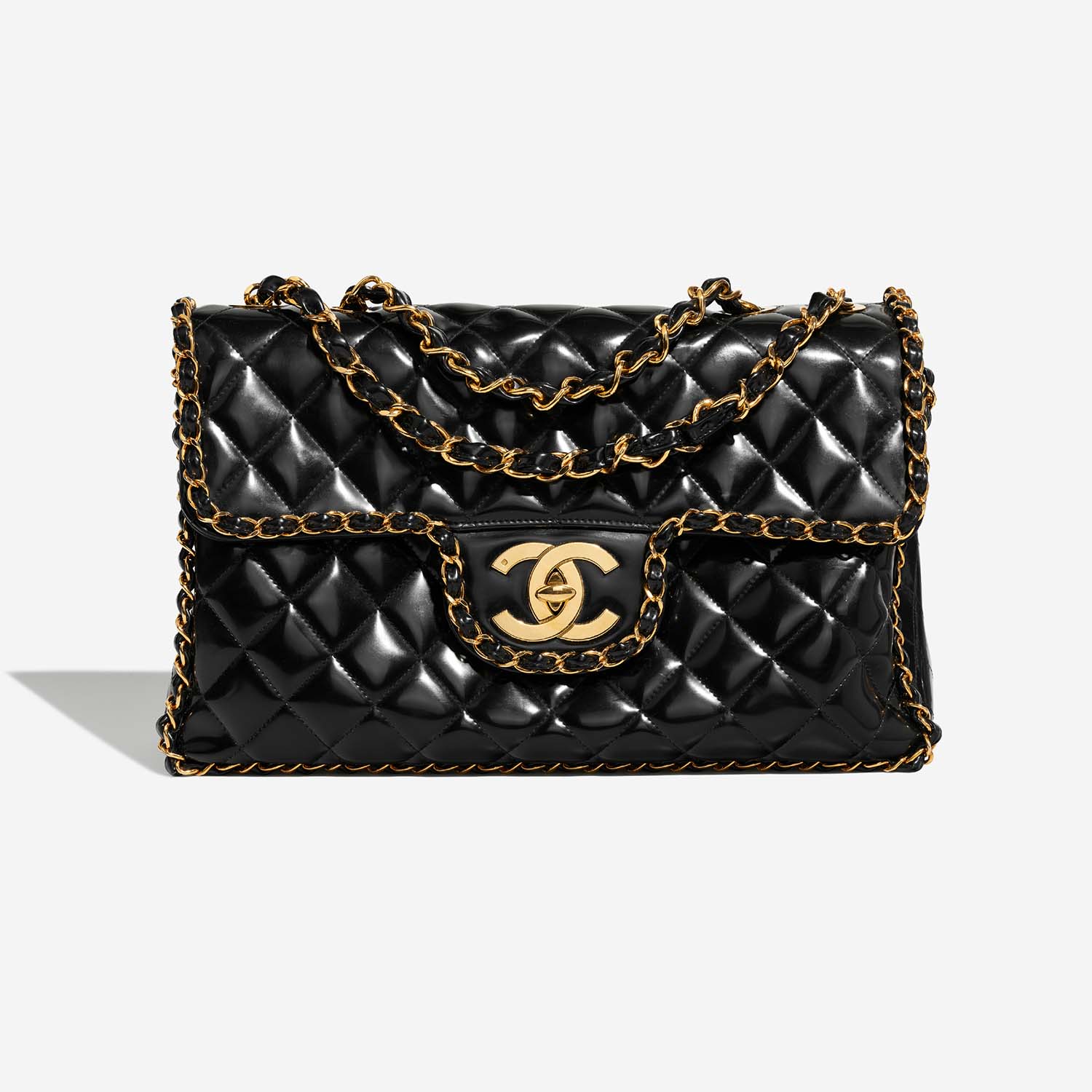 A BLACK PATENT LEATHER CHAIN AROUND MAXI FLAP BAG WITH GOLD HARDWARE