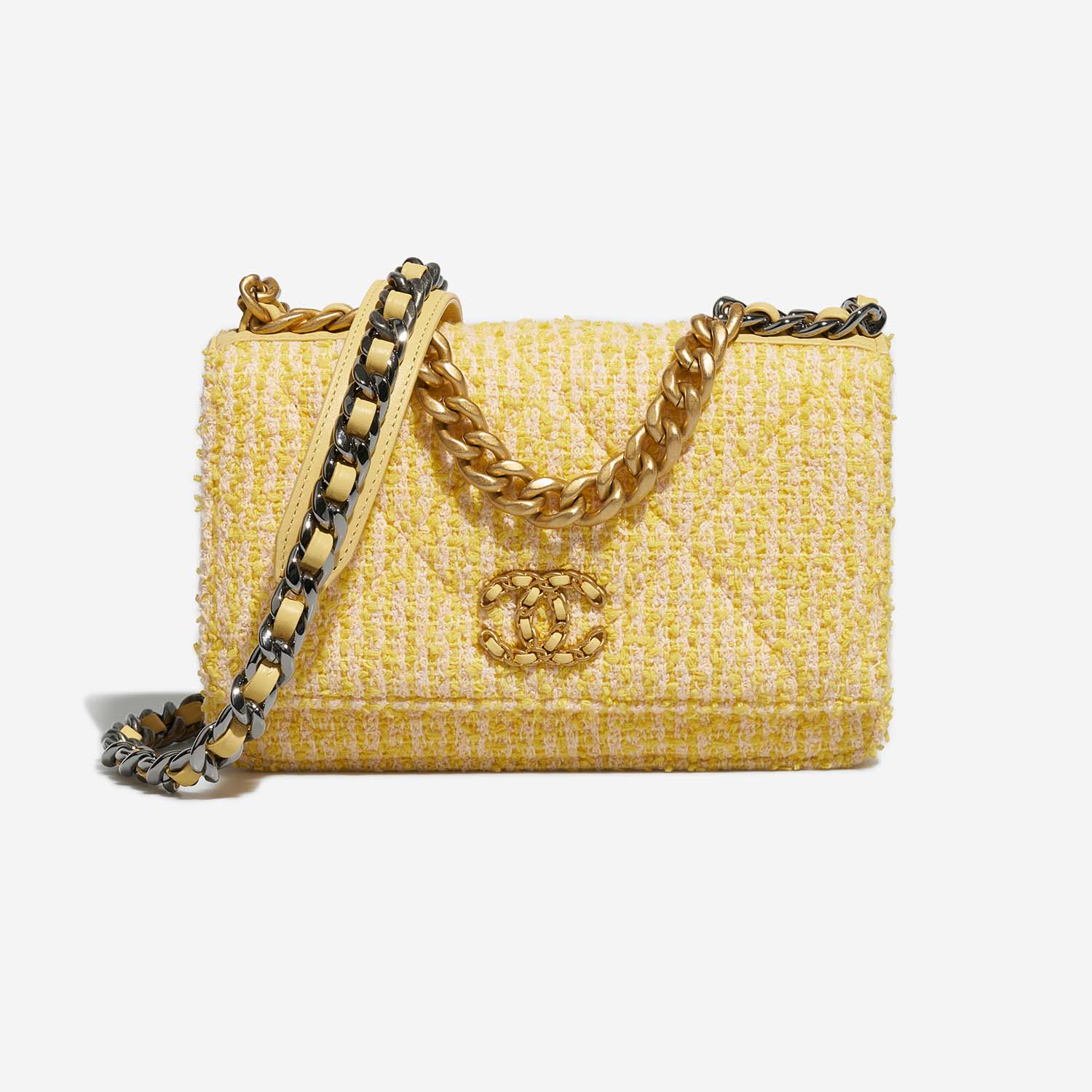 Chanel 19 Wallet On Chain Tweed Yellow / Beige