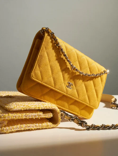 Chanel 2023 New Mustard Yellow Quilted Wallet on Chain Woc Crossbody Bag