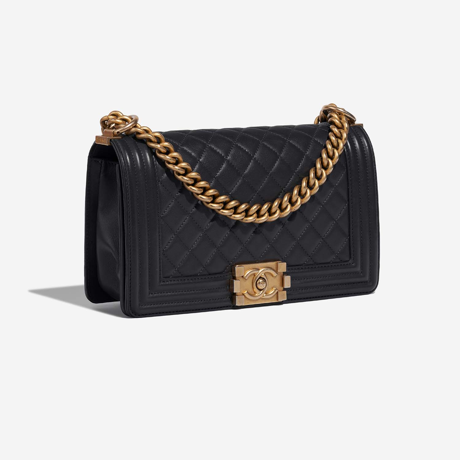 Pre-owned Chanel bag Boy Old Medium Dark Plume Black Side Front | Sell your designer bag on Saclab.com