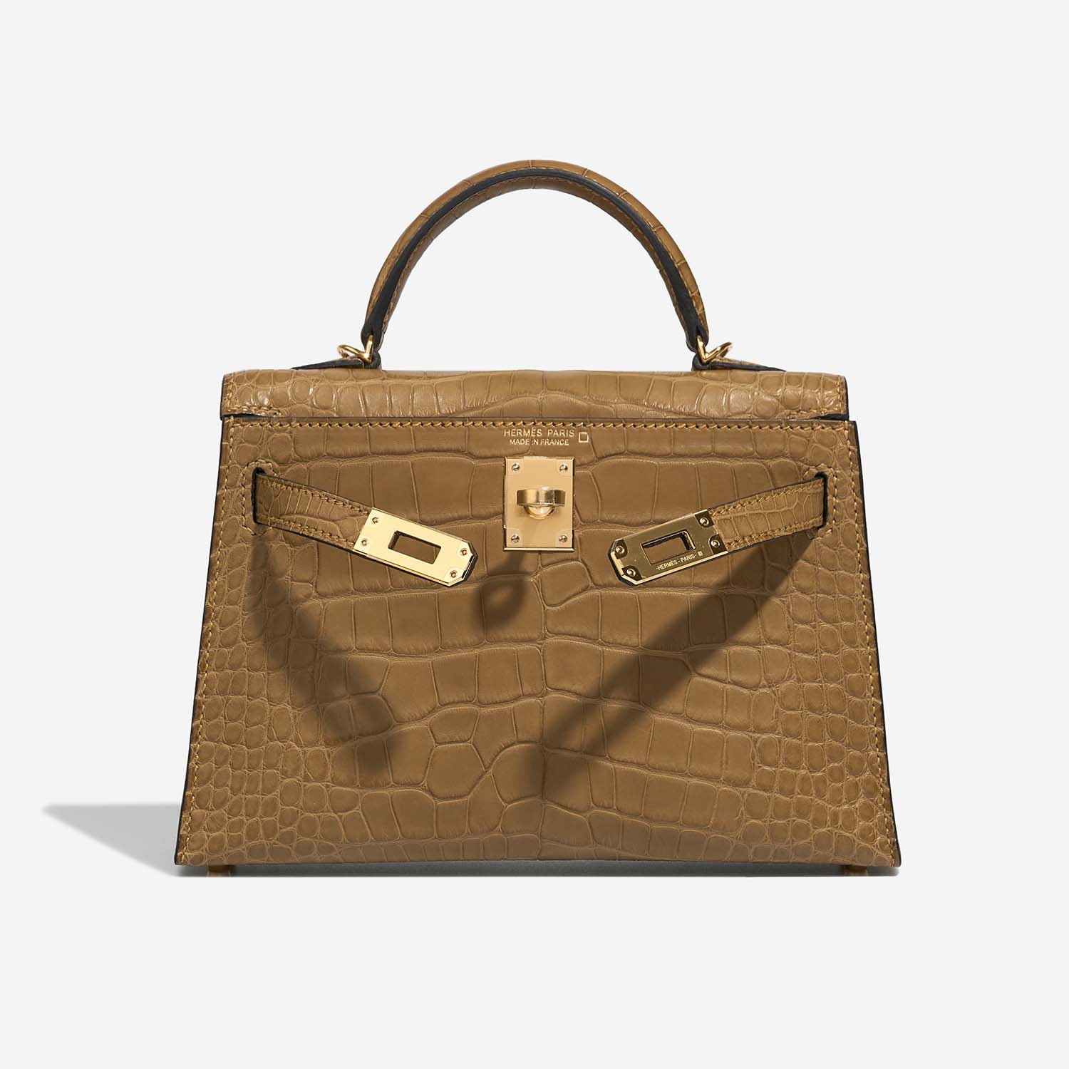 Pre-owned Hermès bag Kelly Mini Matte Alligator Kraft Brown Front Open | Sell your designer bag on Saclab.com