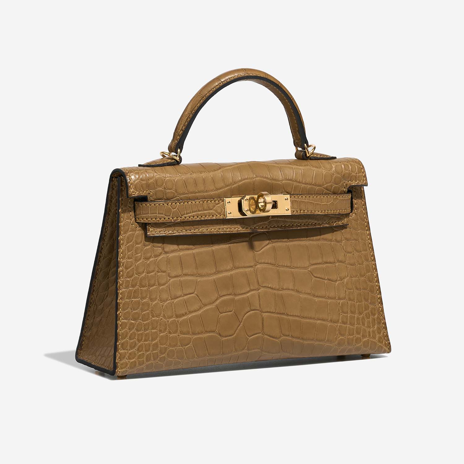 Pre-owned Hermès bag Kelly Mini Matte Alligator Kraft Brown Side Front | Sell your designer bag on Saclab.com
