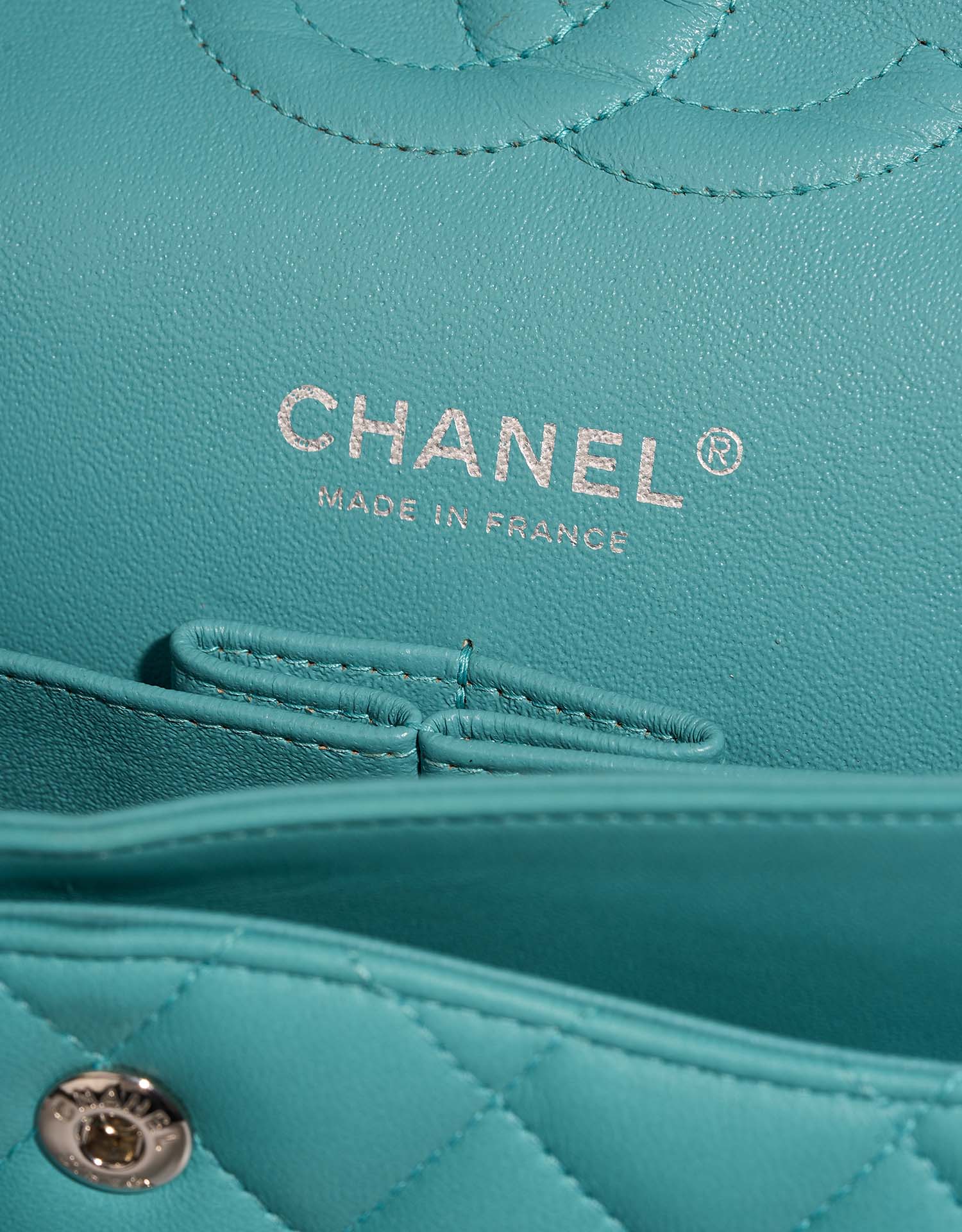 Chanel Timeless Medium Turquoise Logo  | Sell your designer bag on Saclab.com