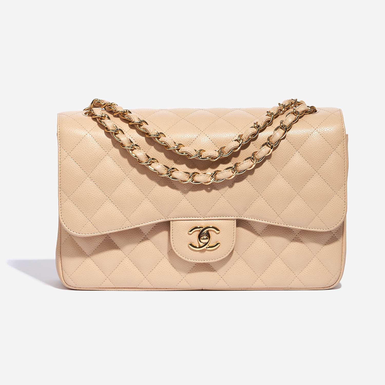 Pre-owned Chanel Jumbo Classic Double Flap Bag Beige Caviar Gold Hardware