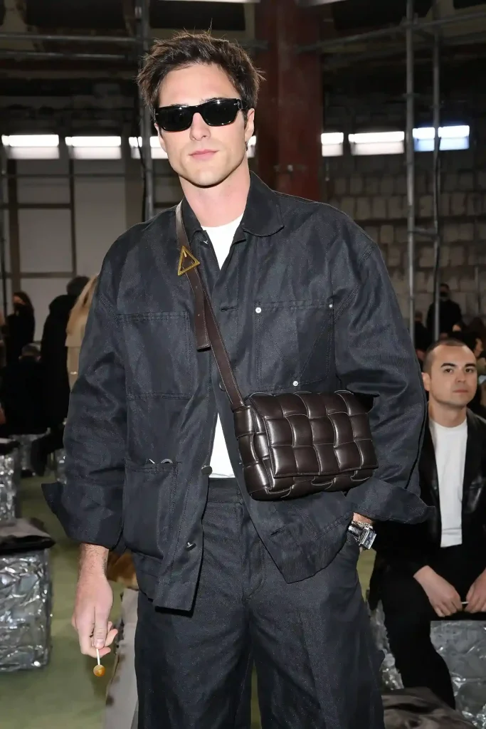 Jacob Elordi wearing a Bottega Veneta Padded Cassette in Fondant. Image: Vogue