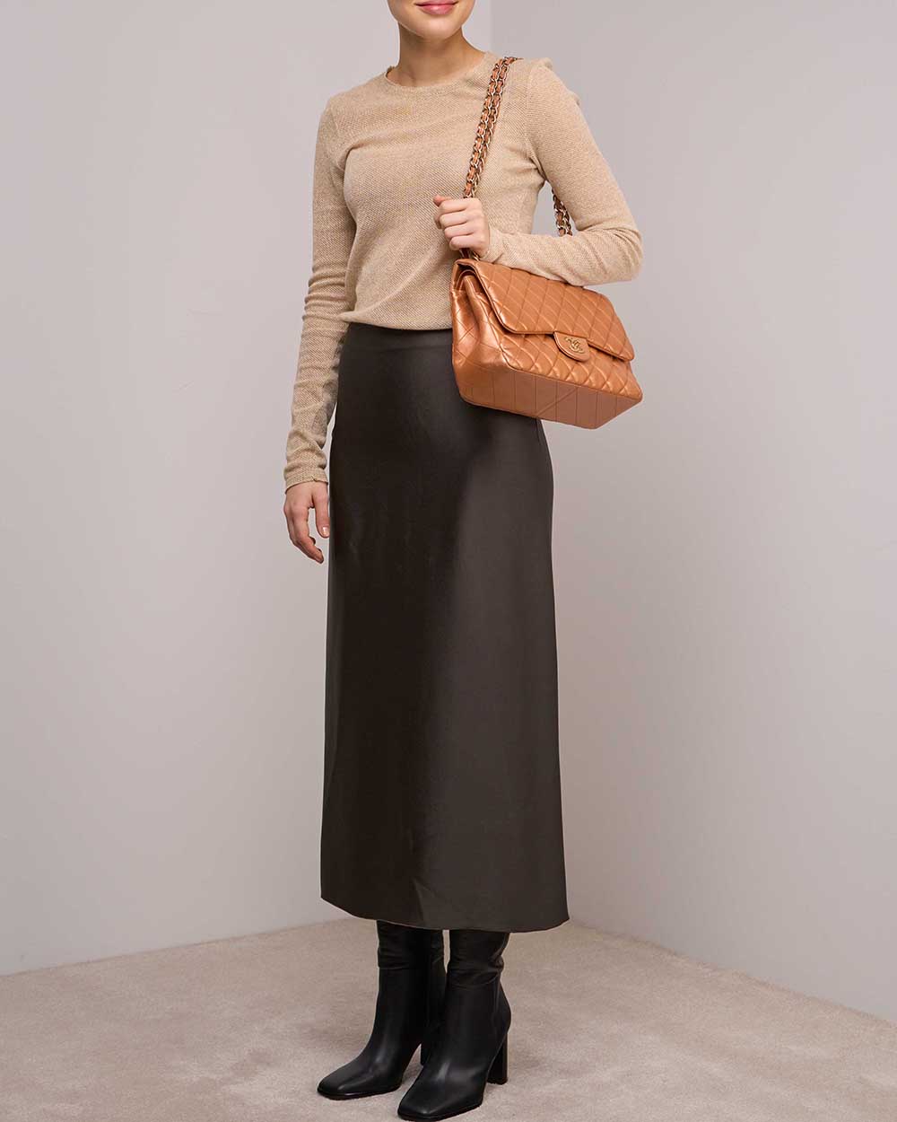 Chanel Timeless Jumbo Lamb Copper on Model | Sell your designer bag