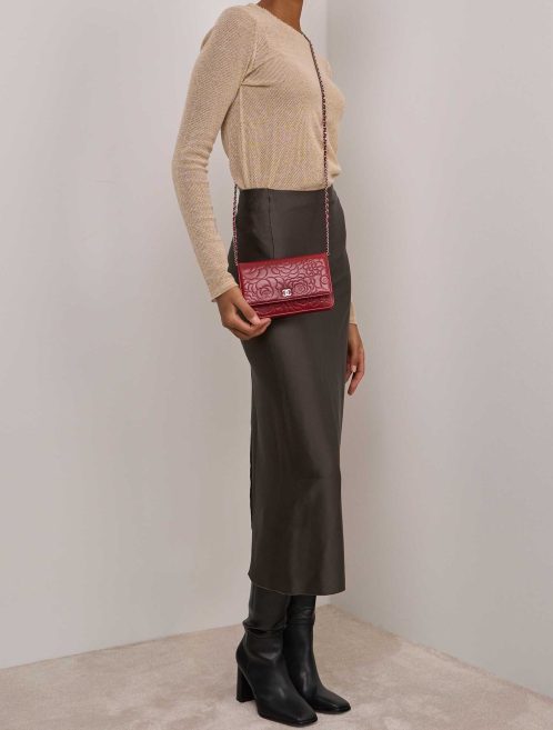 Chanel Timeless Wallet On Chain Lamb Dark Red on Model | Sell your designer bag