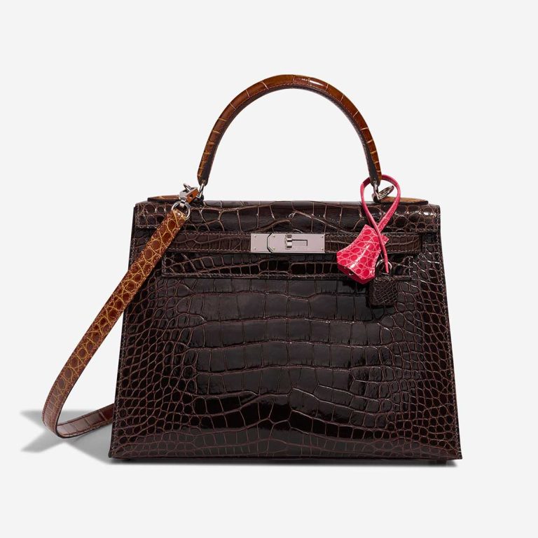 Hermès Kelly 28 Alligator Mississippi Macassar / Ébène / Miel / Rose Extrême Front | Verkaufen Sie Ihre Designer-Tasche