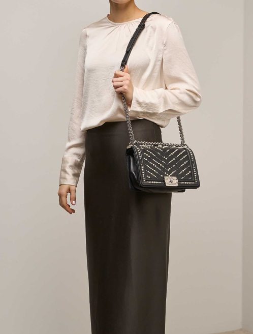 Chanel Boy Old Medium Calf / Pearls Black on Model | Sell your designer bag