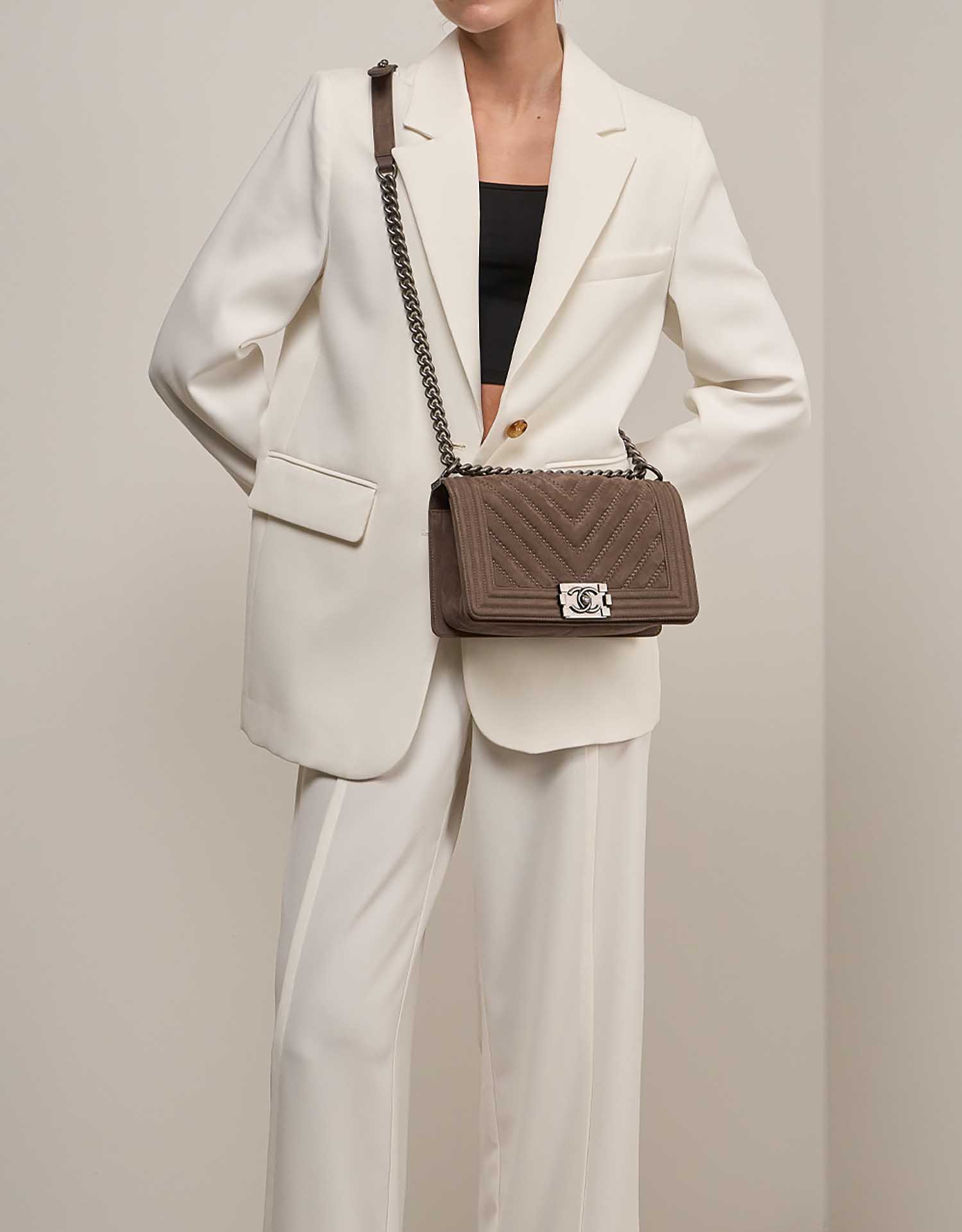 Chanel Boy Old Medium Suede Brown on Model | Sell your designer bag