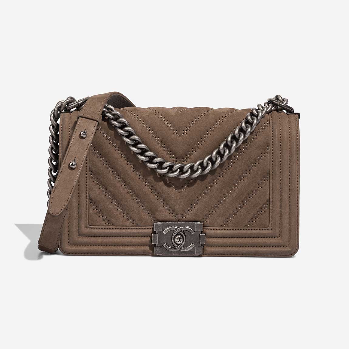 Chanel Boy Old Medium Suede Brown Front | Sell your designer bag