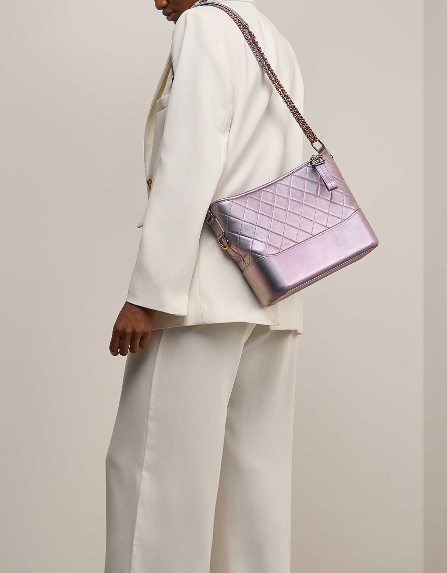 Chanel Gabrielle Medium Lamb Iridescent Purple on Model | Sell your designer bag