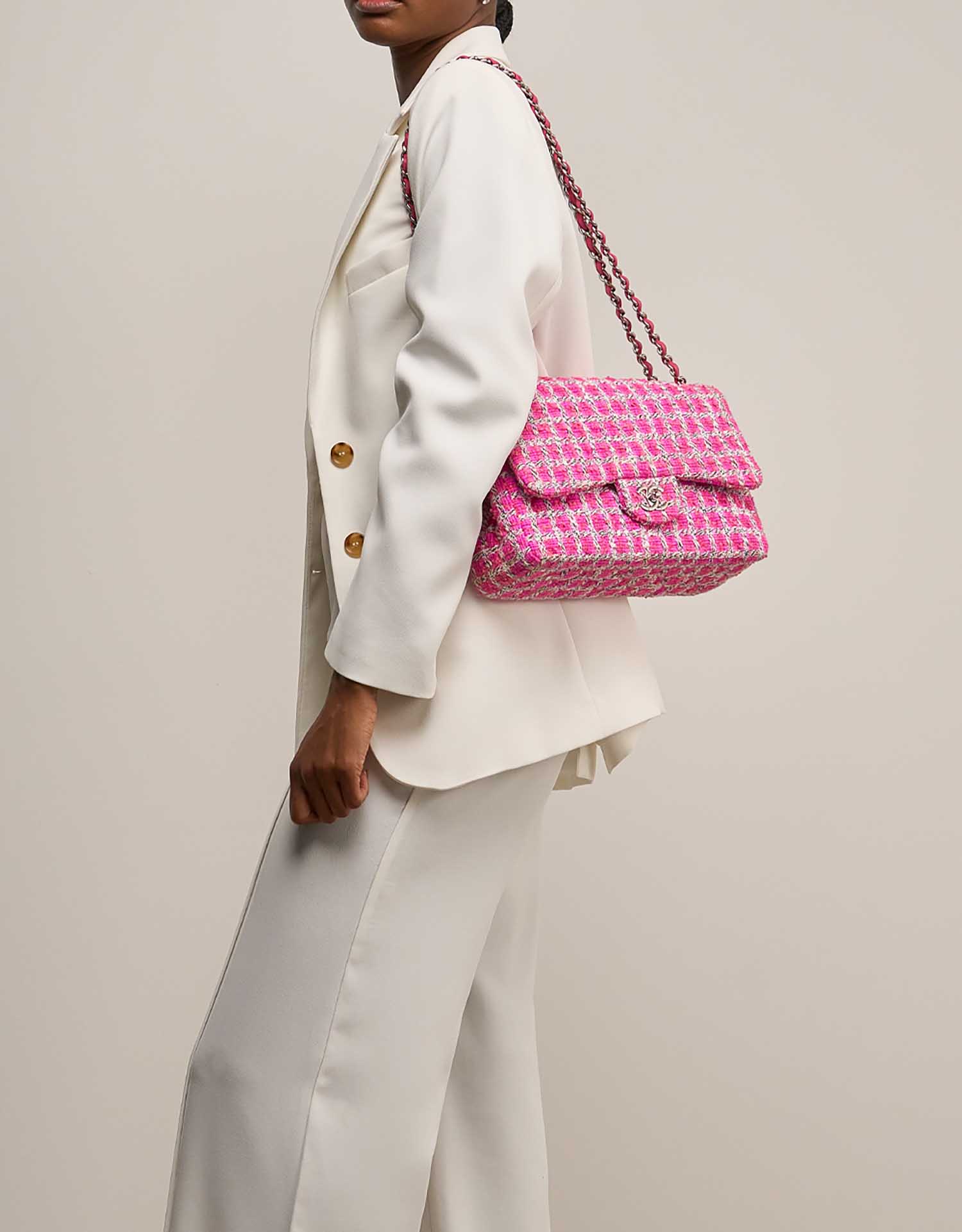 Chanel Timeless Jumbo Tweed Pink / White on Model | Sell your designer bag